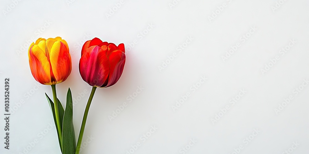 Sticker A vertical image of two vibrant tulip flowers set against a white background, featuring space for your text.