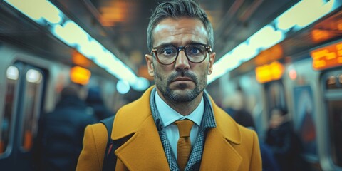 Obraz premium A professional businessman waiting for the subway, embodying the hustle and bustle of city life. This image reflects the modern urban lifestyle and the daily commute of professionals.
