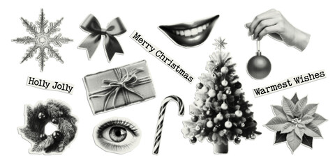 Merry Christmas. Set of vectors cut out holiday elements. Trendy decor with halfton effect for a greeting card, collage, cover design.