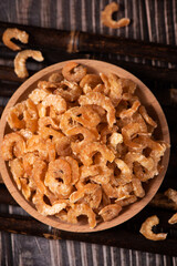 dried shrimp on wooden table. seafood ingredients.