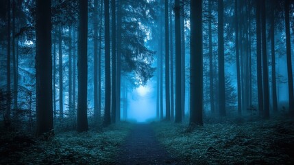 Naklejka premium A dark forest with tall trees, a foggy atmosphere, and mysterious light and shadow effects
