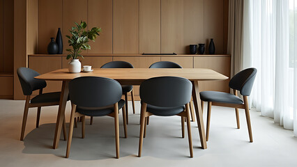 Fototapeta premium The chairs sit elegantly around a sturdy wooden dining table in this interior design of a modern dining space.