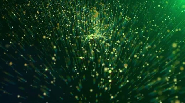 Abstract green and gold background with particles flowing upwards.