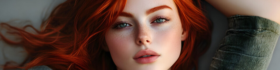 Obraz premium A woman with red hair is posing for a picture. She has a light makeup look on and her hair is styled in a way that it falls over her face. Scene is casual and relaxed