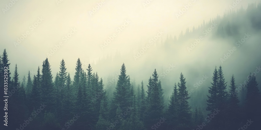 Poster misty, fog-covered mountain scenery featuring a fir forest and copyspace in a vintage retro hipster 