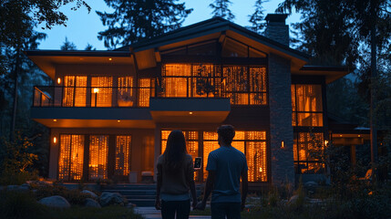 Modern smart home with glowing windows in evening ambiance highlighting technology and warmth