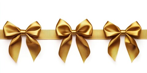 Glossy gold gift bows isolated on a white background. Blank space for text. Celebration template. Gold ribbon. Greeting card mockup.