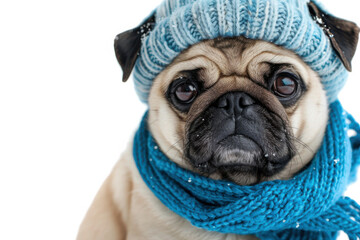Adorable pug dressed in a blue knitted hat and cozy scarf, embodying winter warmth and cuteness.