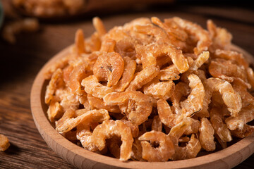 dried shrimp on wooden table. seafood ingredients.
