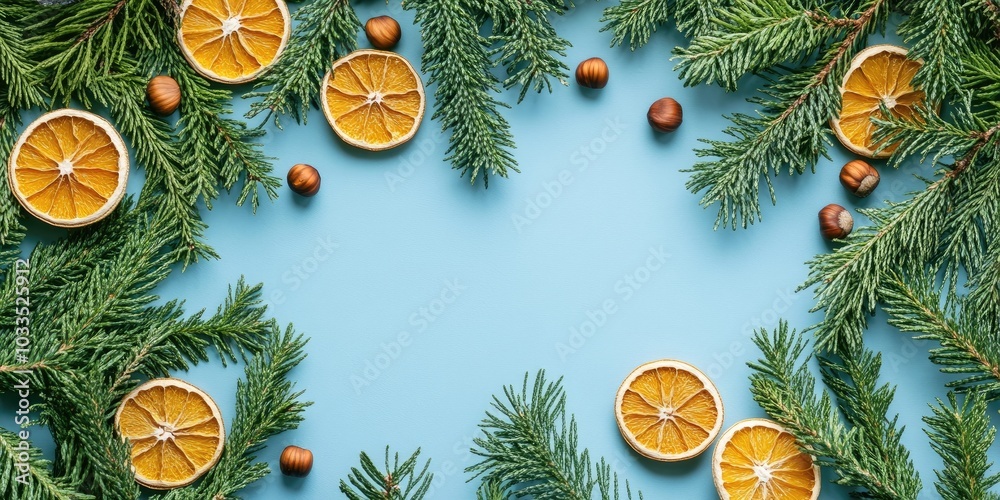 Poster green conifer branches with dried orange slices and hazelnuts on a blue background featuring copy sp