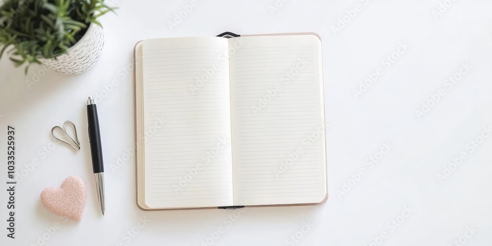 Fototapete top view of an open blank notebook or diary with a pen and a heart-shaped binder clip on a white des