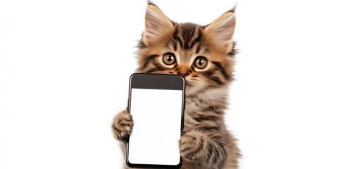 A college graduate kitten holds a large smartphone with a white blank screen in its paw, presenting it close to the camera. Isolated on a white background.