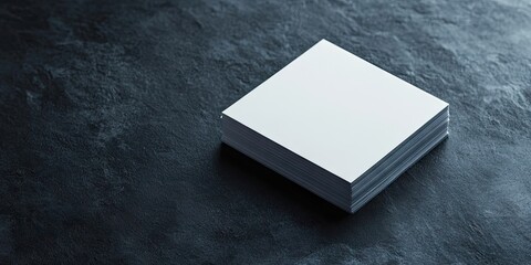 Fototapeta premium A mockup featuring a stack of white business cards on a dark background, captured from above, with space for text.