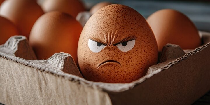 Egg with a face inside a cardboard box. Humorous brown egg with a frowning face in a cardboard tray up close. The idea of intimidation. An egg displaying a frustrated expression.