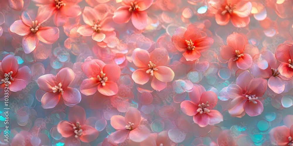 Poster a beautiful, minimal, vibrant close-up top view flat lay image of small artificial flowers on a brig