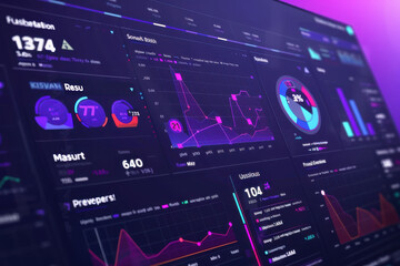 Digital dashboard with colorful graphs and charts displaying real-time data analytics, representing advanced business intelligence and technology.