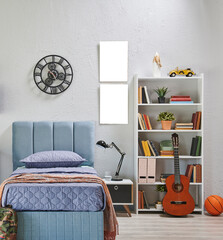 Teenage bedroom interior concept with bookshelf, lamp, table, book and notebook, frame, guitar, bedding set and home accessory style, architecture decoration.