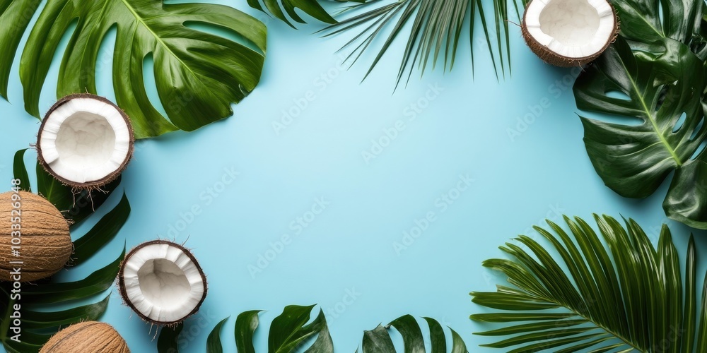 Poster palm leaves, monstera, and coconut arranged in a flat lay on a blue background with copy space.