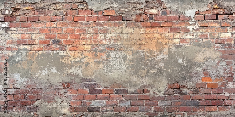 Poster old, deteriorated red brick wall. panoramic texture of the brickwork.