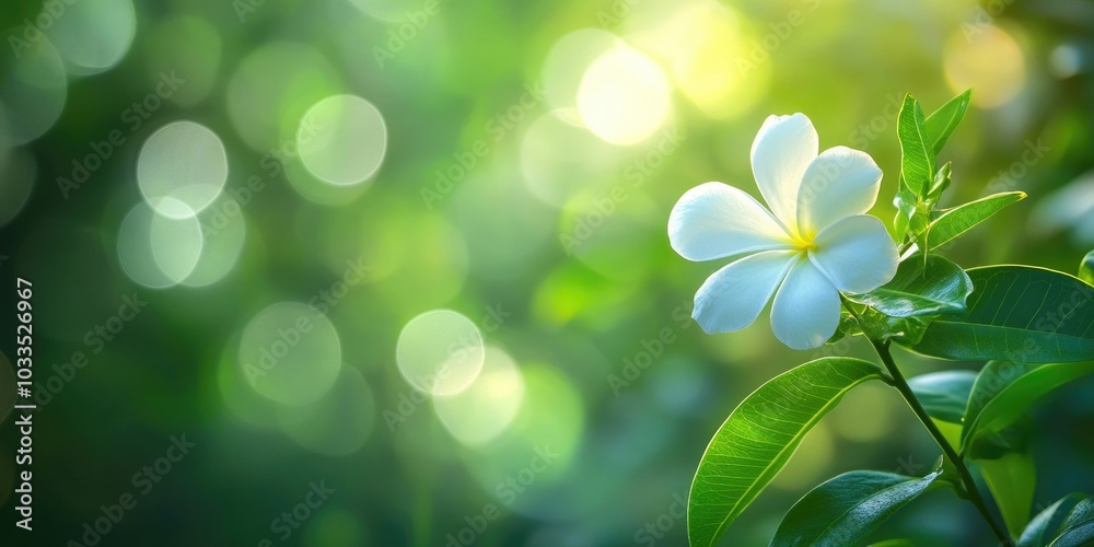 Poster soft focus of a flower against a blurred background of branches and leaves (cape jasmine, cape garde