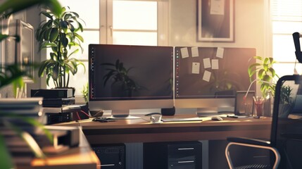 Modern Home Office Workspace with Two Computer Monitors, Plants, and Natural Light
