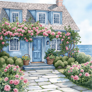 Charming Watercolor Houses Amidst Flower Beds - A Delightful Landscape of Serenity