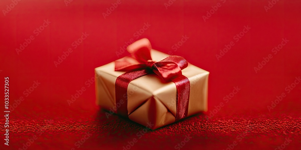 Aufkleber a small gold present with a red ribbon resting on a red background.