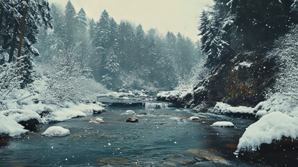 Breathtaking winter scene of a tranquil river flowing through a snow-covered landscape, featuring frosted rocks and majestic trees blanketed in white, capturing the serenity of nature in a snowy wonde