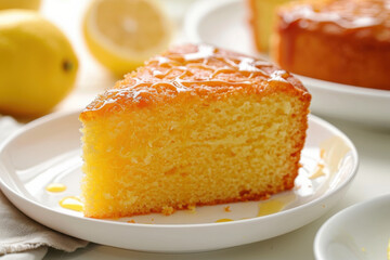 A slice of moist lemon cake topped with caramel glaze and sea salt, with fresh lemons in the background.