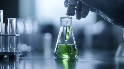 Laboratory scientist conducting biofuel research with green liquid in flask, showcasing precision and innovation in scientific experimentation