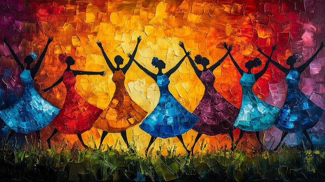 Colorful abstract painting of joyous women dancing in unity against a vibrant, textured background