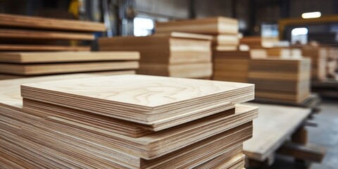 Fototapeta premium Furniture production using wood. Plywood in the woodworking shop. Raw veneer material. Board blank.