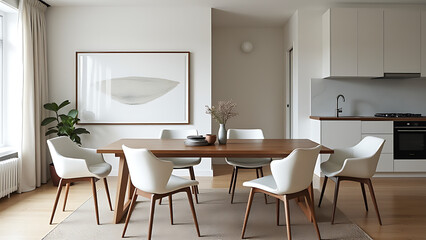 The living space features a sturdy wooden table paired with crisp white chairs in a sleek, contemporary Scandinavian inspired dining area.