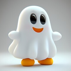 Cute smiling ghost figurine on a gray background. Happy Halloween concept