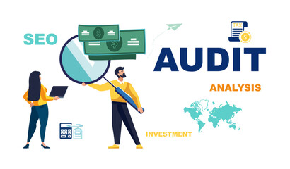 Business, people. Businessman with magnifying glass and female worker looking at financial market, audit, budget for investment growth financing. Dollar, icons, sign, poster, bank. Vector illustration