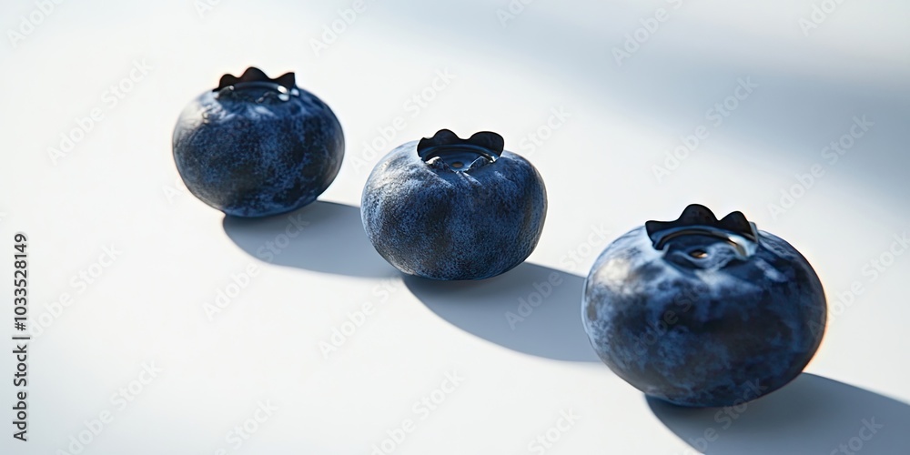 Poster close-up of isolated blueberries on a white background casting a soft shadow. ripe, delicious bluebe
