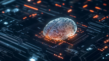 Fototapeta premium A glowing brain with neural pathways transforming into digital circuits, connected to a central processor, representing the merger of human cognition and AI data processing capabil