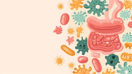 Cartoon Illustration of Intestines and Microorganisms
