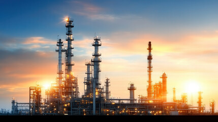 Obraz premium High tech fuel refinery plant complex with pipelines and smokestacks at sunset, showcasing industrial architecture and energy production