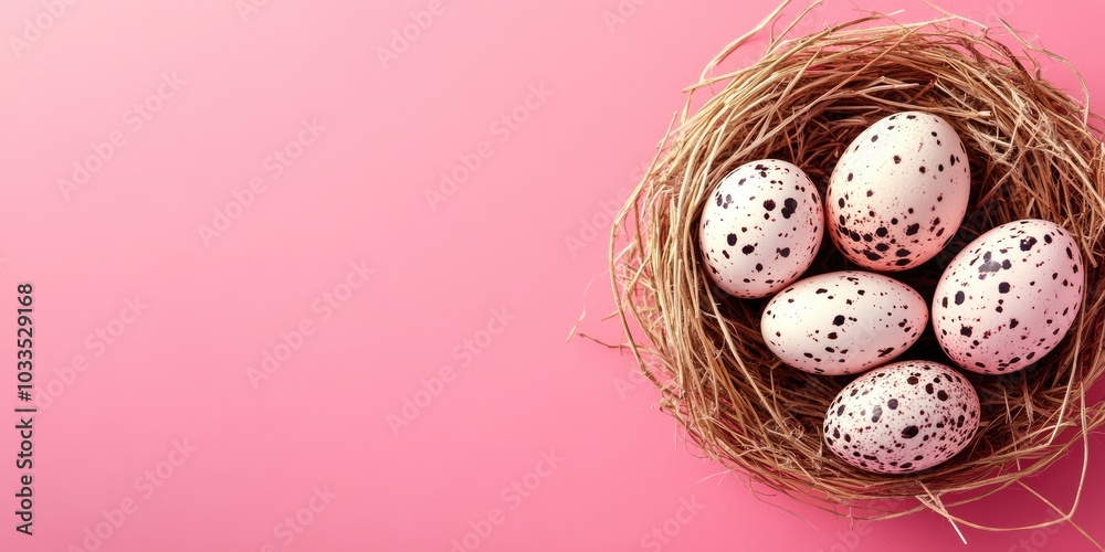 Poster easter nest featuring delicate speckled or spotted quail eggs set against a pink background, with co