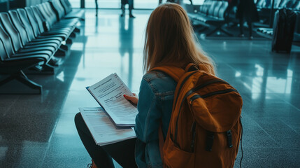 A student woman dressed casually, sitting at the airport with her backpack, ticket, and immigration papers laid out on her lap, ready to embark on a vacation or study abroad journe
