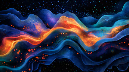 Obraz premium vibrant abstract cosmic wave with flowing neon colors, dynamic fluid art in blue, orange, and yellow tones, futuristic design for creative backgrounds and digital artwork