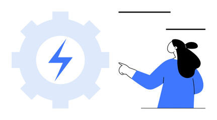 Person pointing towards a gear with a lightning bolt symbol. Ideal for technology, innovation, energy, efficiency, and business. Minimalist design, simple colors, flat vector style