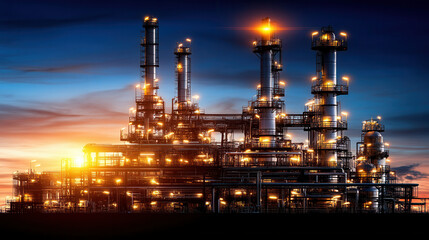 Oil refinery plant at sunset with glowing lights, showcasing massive industrial structures against vibrant sky. scene captures beauty of technology and nature harmoniously
