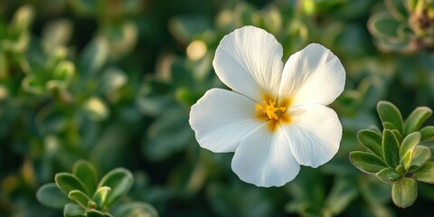Fototapeta premium Top view of white moss rose or Mexican rose in a garden background, portulaca grandiflora, soft focus on the popular flower known as eleven o'clock, purslane, sun or rock rose with copy space.