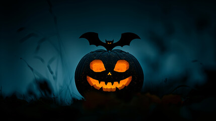Minimalist Halloween Party Invitation with Pumpkin and Bat Silhouette on Dark Background