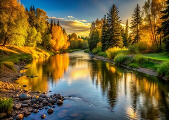 Obraz premium Cold River at Gold Bar Park, Edmonton, Alberta - Serene Low Light Photography Capturing Tranquil Waters and Lush Surroundings, Perfect for Nature Lovers and Outdoor Enthusiasts