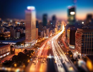 Fototapeta premium High angle view of buildings in a big city at night with lots of cars, Generative AI