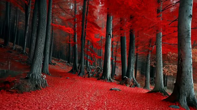 A red forest with trees and leaves on the ground. The red leaves are scattered throughout the forest, creating a vibrant and lively atmosphere. Concept of warmth and coziness