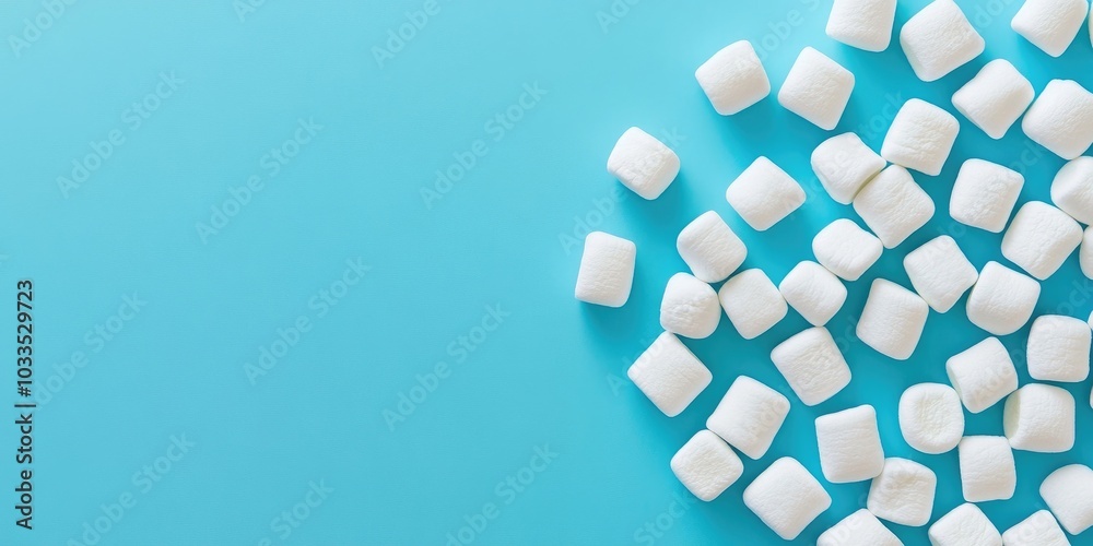 Poster marshmallows against a blue background with copyspace. flat lay or top view.